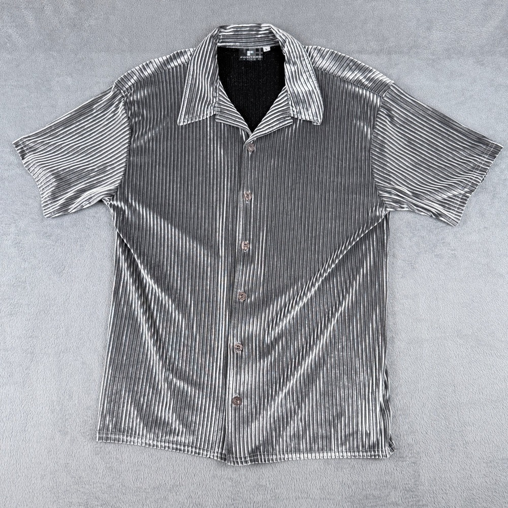 Positano Mens Silver Pleated Button Down Shirt Short Sleeve Made in USA Large
